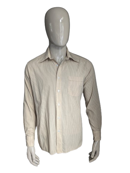 La camicia vintage di Austin ha cavalcato con un colletto. Beige Brown Striped. Taglia L.