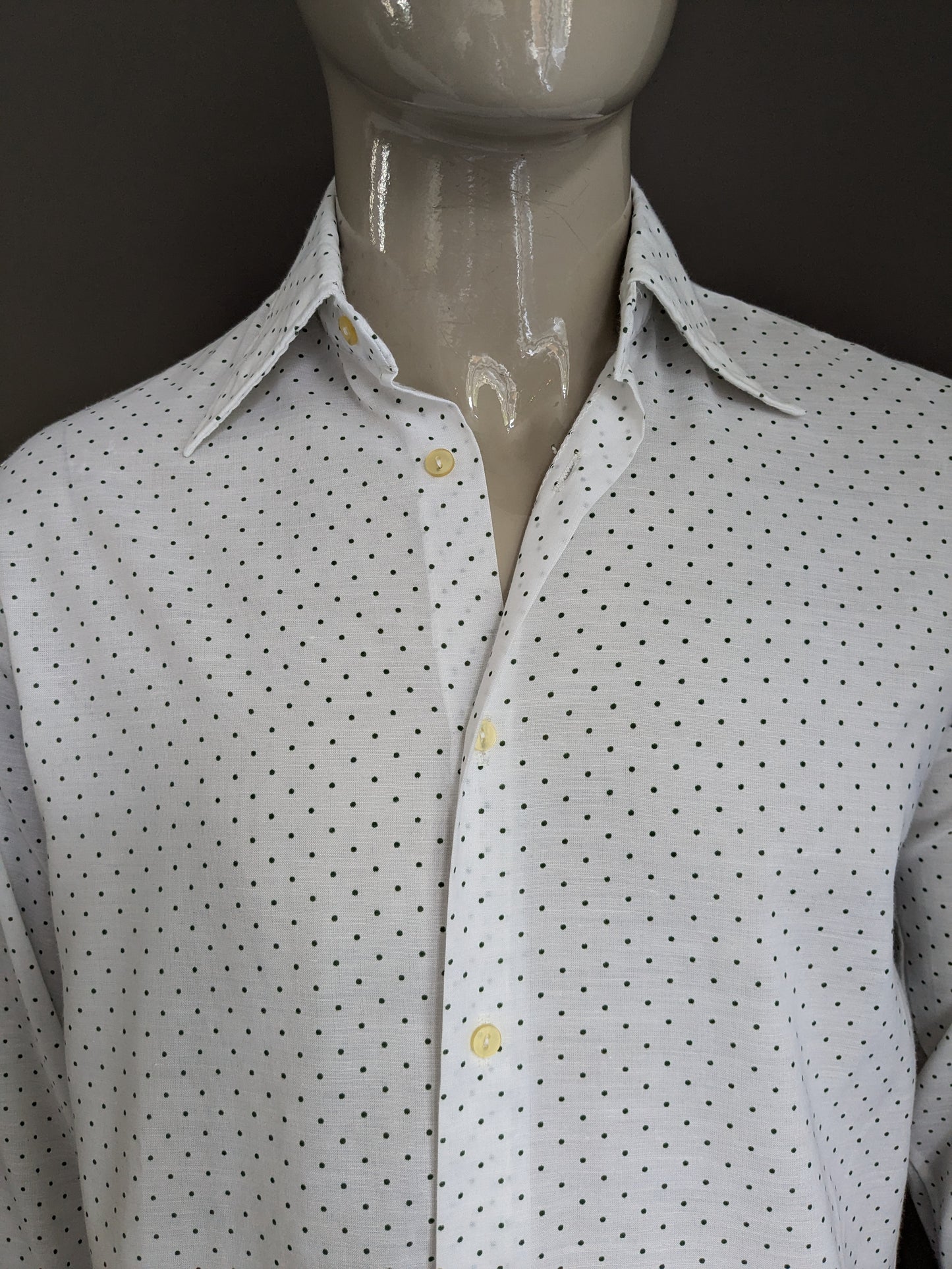 Camisa de los 70 vintage con cuello puntual. Verde blanco punteado. Talla L.