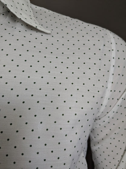 Camisa de los 70 vintage con cuello puntual. Verde blanco punteado. Talla L.