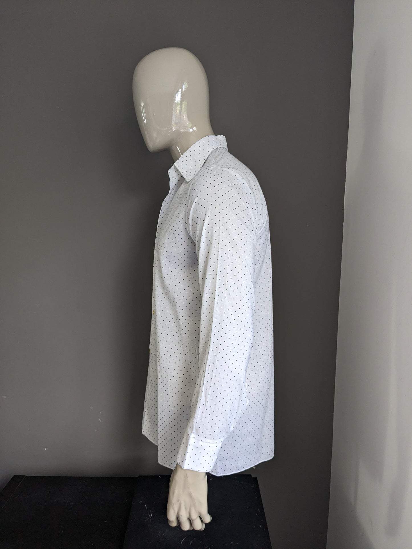 Camisa de los 70 vintage con cuello puntual. Verde blanco punteado. Talla L.