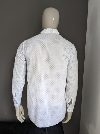 Camisa de los 70 vintage con cuello puntual. Verde blanco punteado. Talla L.