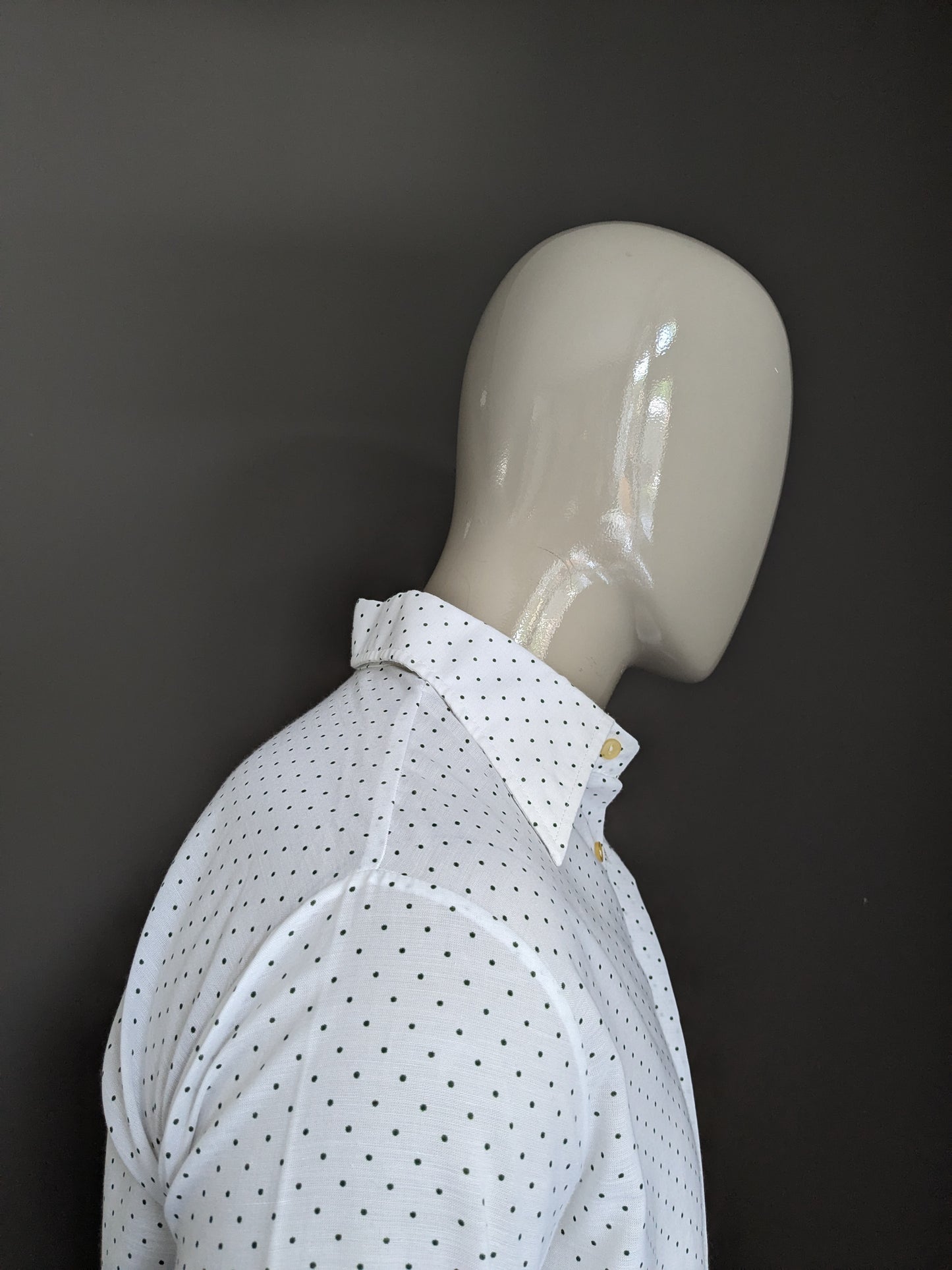 Chemise vintage des années 70 avec collier ponctuel. Vert blanc en pointillés. Taille L.