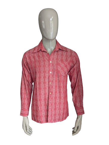 Camicia Sziren vintage degli anni '70 con collare punti. Motivo beige rosso. Taglia M / L.