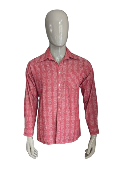 Camisa Sziren de los 70 años con cuello de punto. Motivo beige rojo. Tamaño M / L.