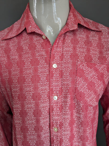 Chemise Sziren vintage des années 70 avec collier. Motif beige rouge. Taille M / L.