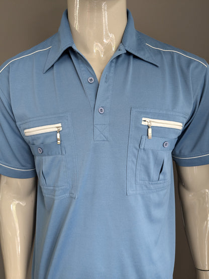 Vintage Humy polo met elastische band. Blauw. Maat M.