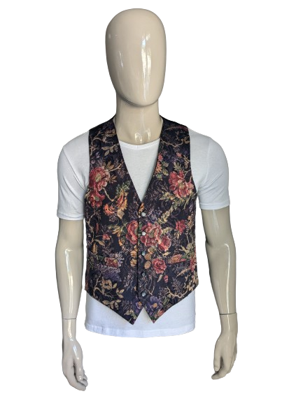 Vintage brown's waistcoat. Purple red black brown floral motif. Size M.