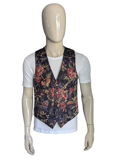 Vintage brown's waistcoat. Purple red black brown floral motif. Size M.