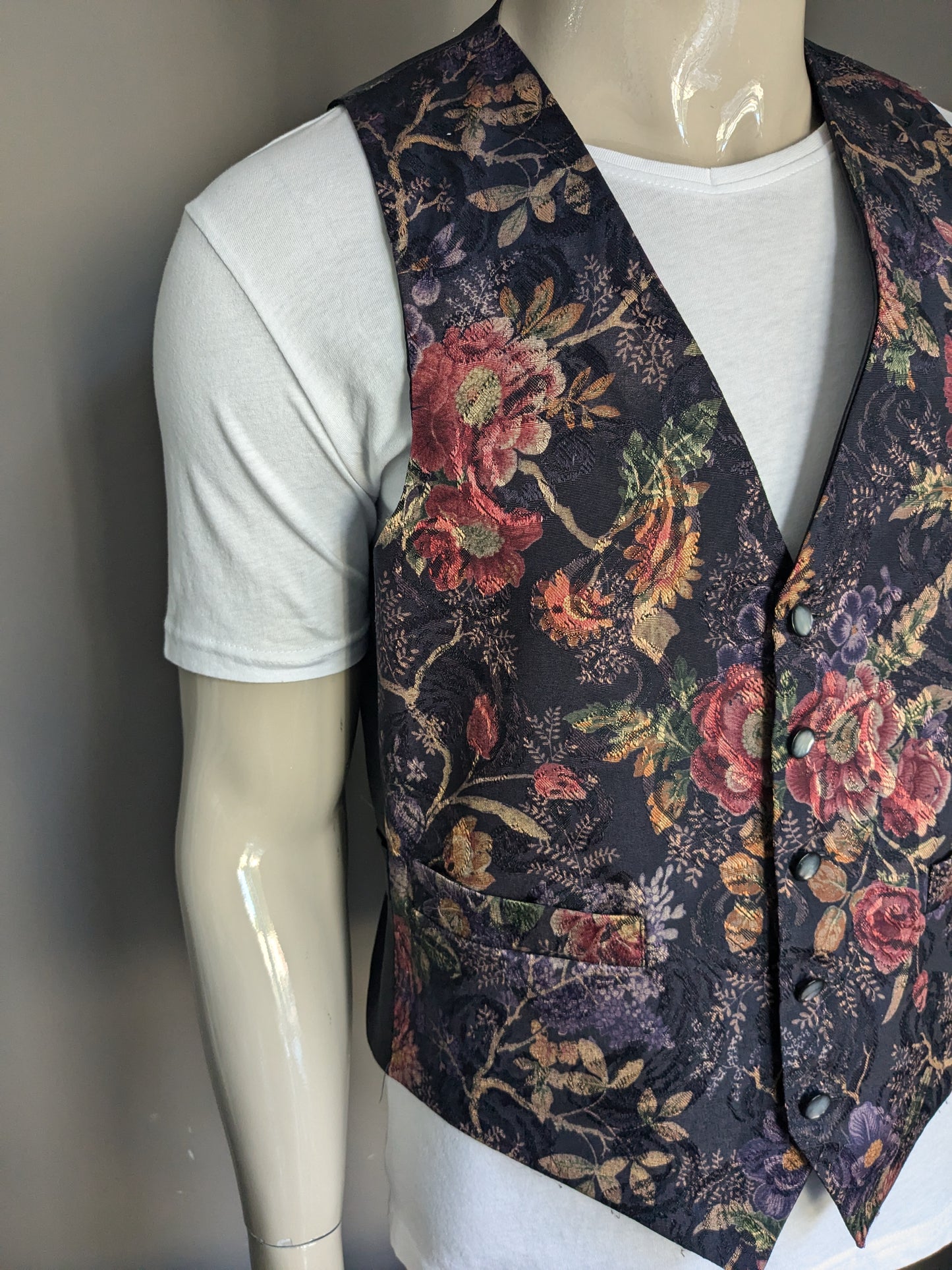 Vintage Brown's gilet. Paars rood zwart bruin bloemen motief. Maat M.