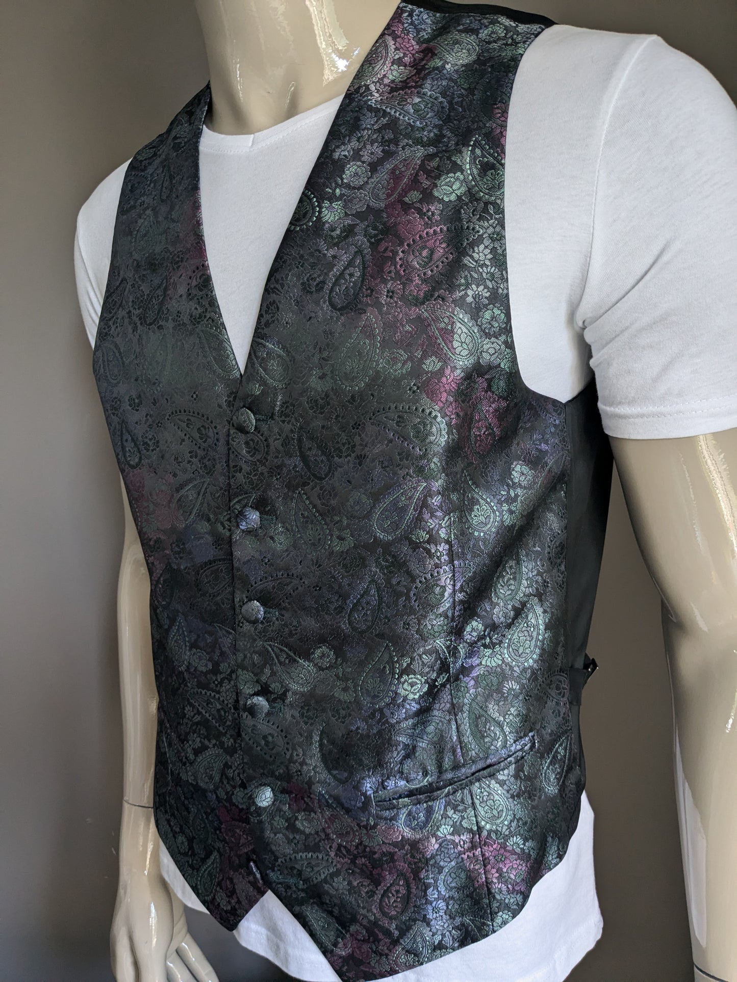 Vintage gilet. Paars groen blauw glanzende metallic look. Maat M.