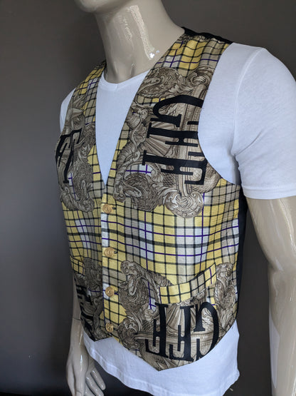 Vintage waistcoat. Yellow purple beige print. Gold -colored knots. Size L.