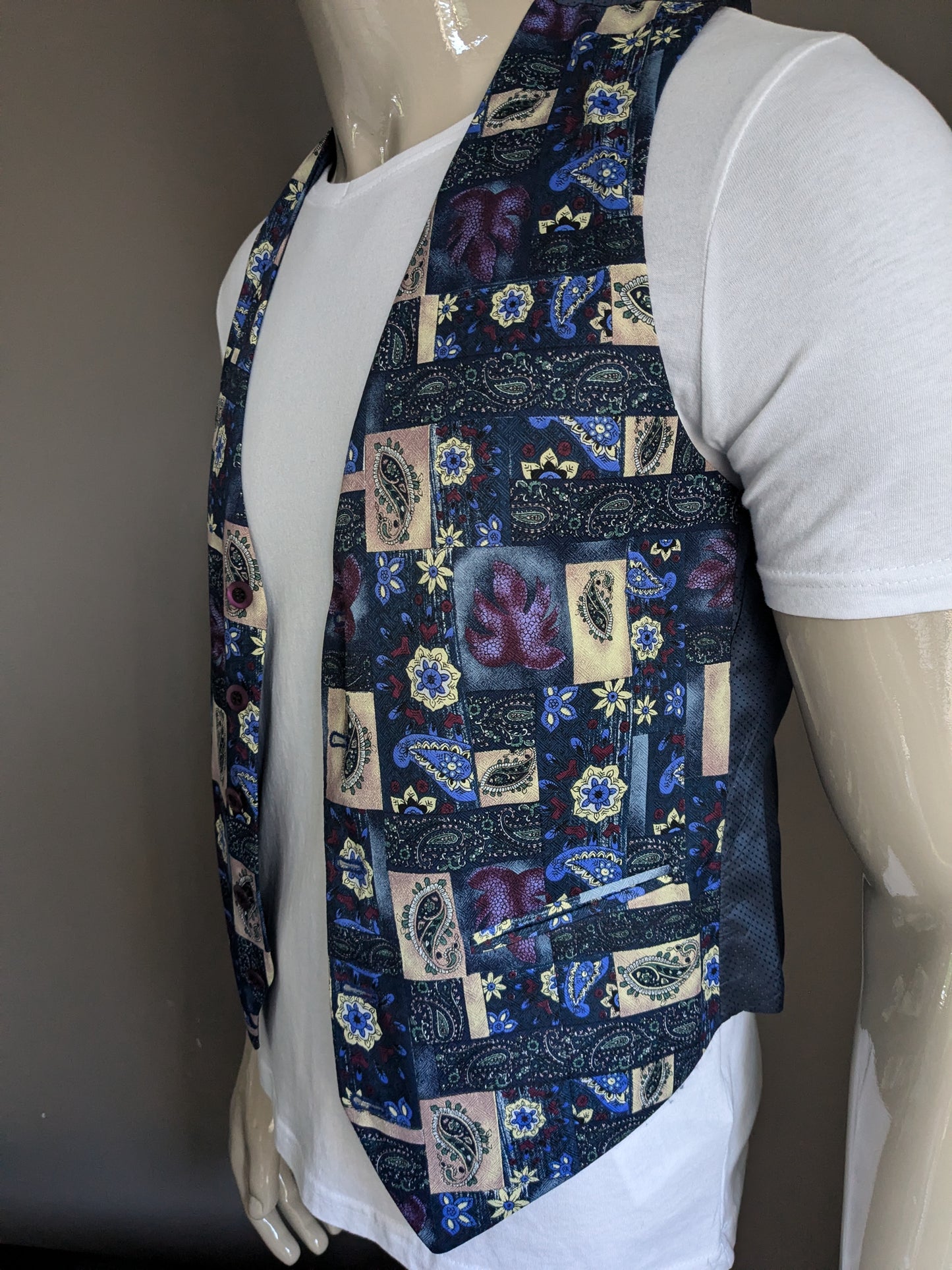 Wilvorst waistcoat. Purple blue brown print. Size S.