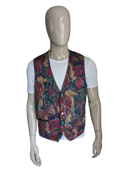 Vintage waistcoat. Red green blue brown print. Size XL.