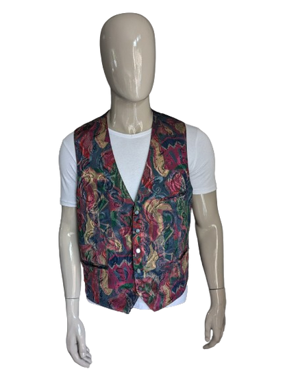 Vintage waistcoat. Red green blue brown print. Size XL.