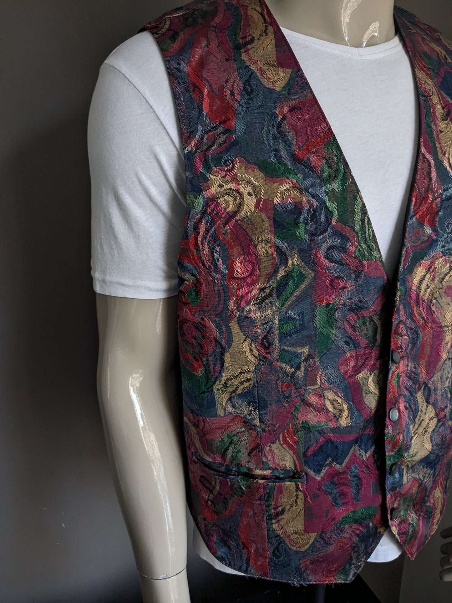 Gilet vintage. Imprimé brun bleu vert rouge. Taille xl.