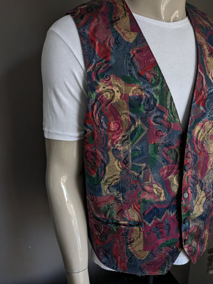 Vintage gilet. Rood groen blauw bruine print. Maat XL.