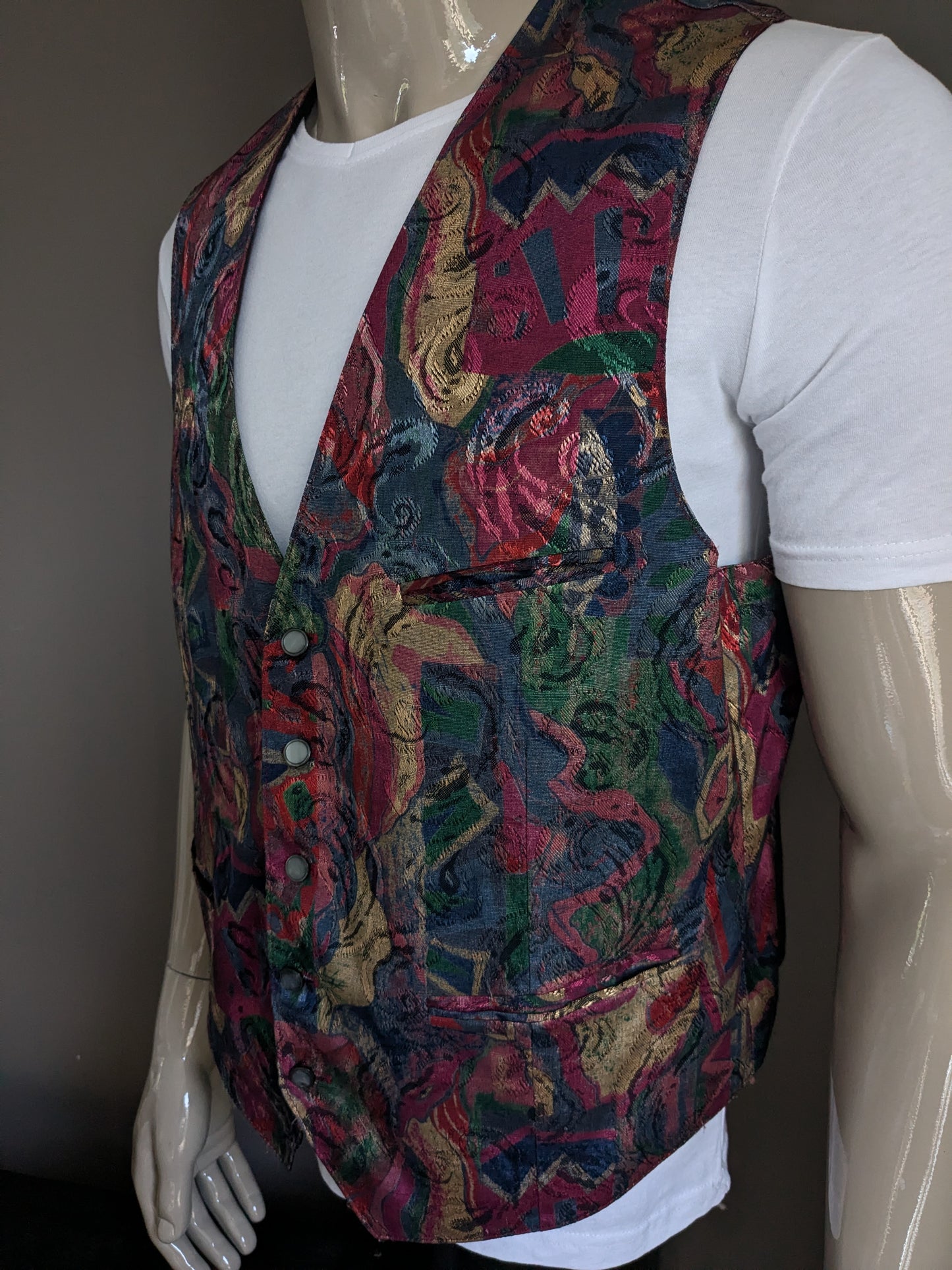 Gilet vintage. Stampa marrone blu verde rosso. Taglia XL.