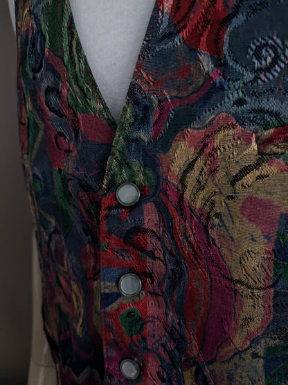 Vintage gilet. Rood groen blauw bruine print. Maat XL.