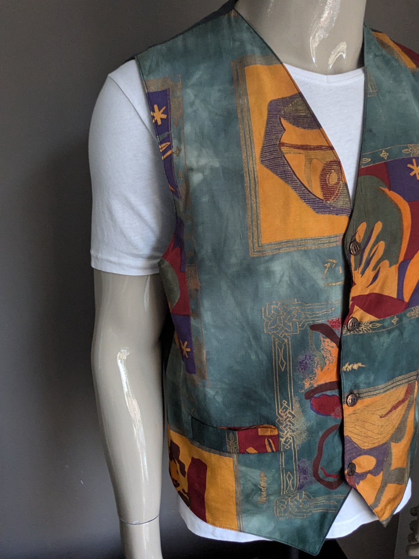 Vintage exo-tic waistcoat. Green red yellow blue print. XL / L.