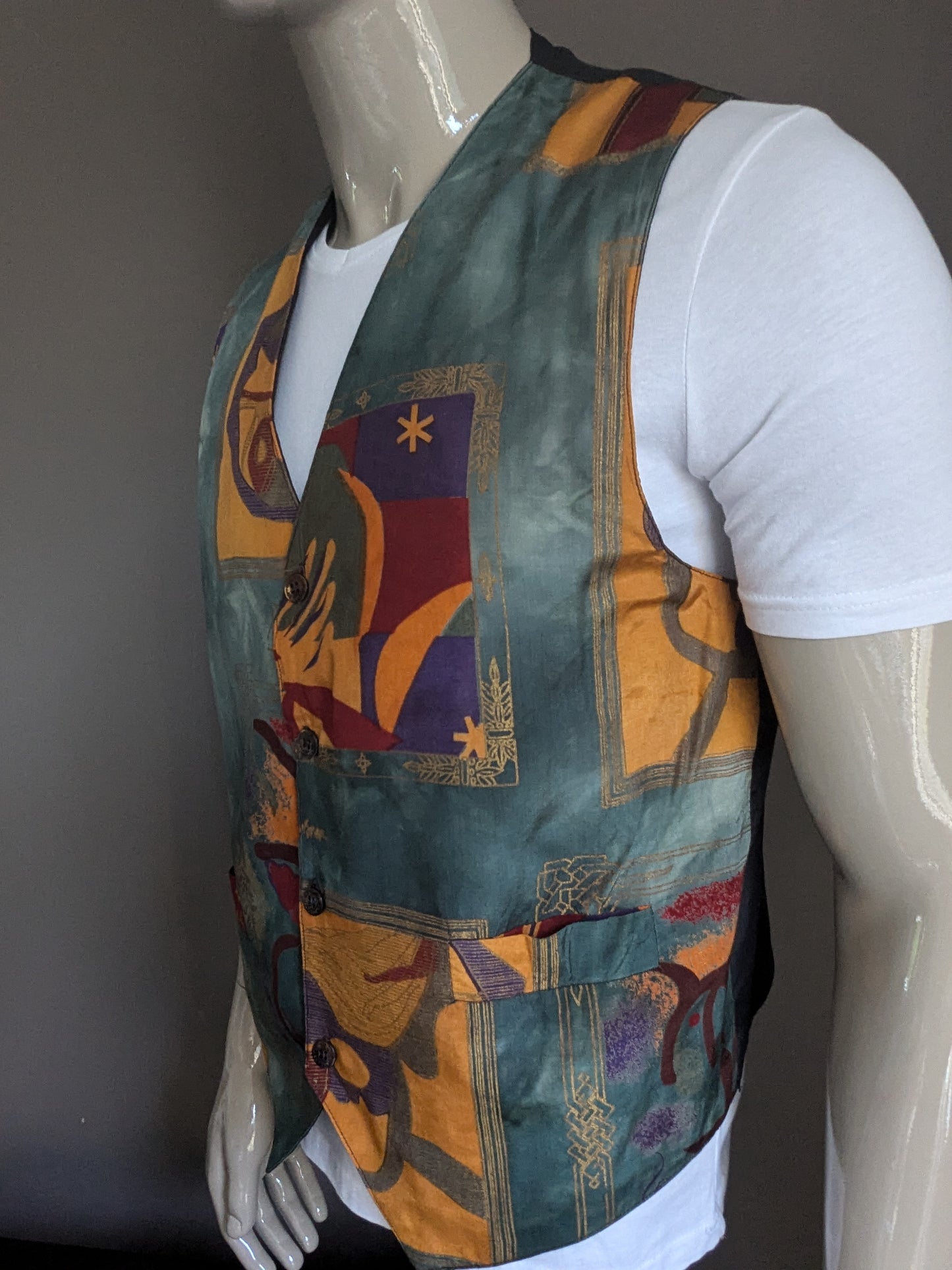 Vintage Exo-Tic gilet. Groen rood geel blauwe print. XL / L.