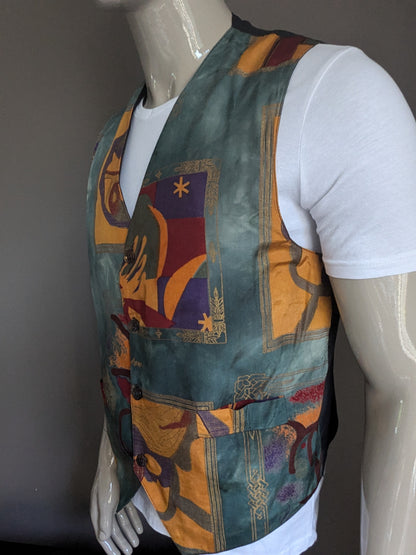 Vintage exo-tic waistcoat. Green red yellow blue print. XL / L.