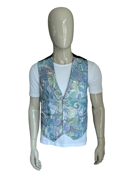 Vintage waistcoat with lapel. Green blue purple print. Size L.