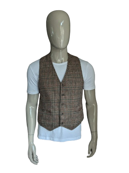 Vintage woolen waistcoat. Brown black red checked. Size M.