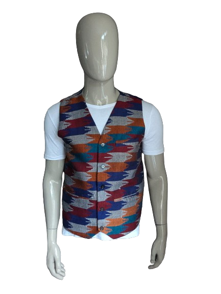 Vintage gilet. Grijs oranje blauw rood motief. Maat L.