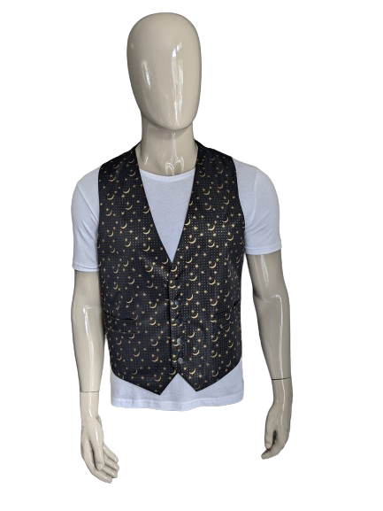 Gilet de salon Vintage Malcolm Hall. Black Gold-Colord Moon & Stars Print. Taille M.