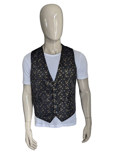 Vintage malcolm hall waistcoat. Black gold -colored moon & stars print. Size M.