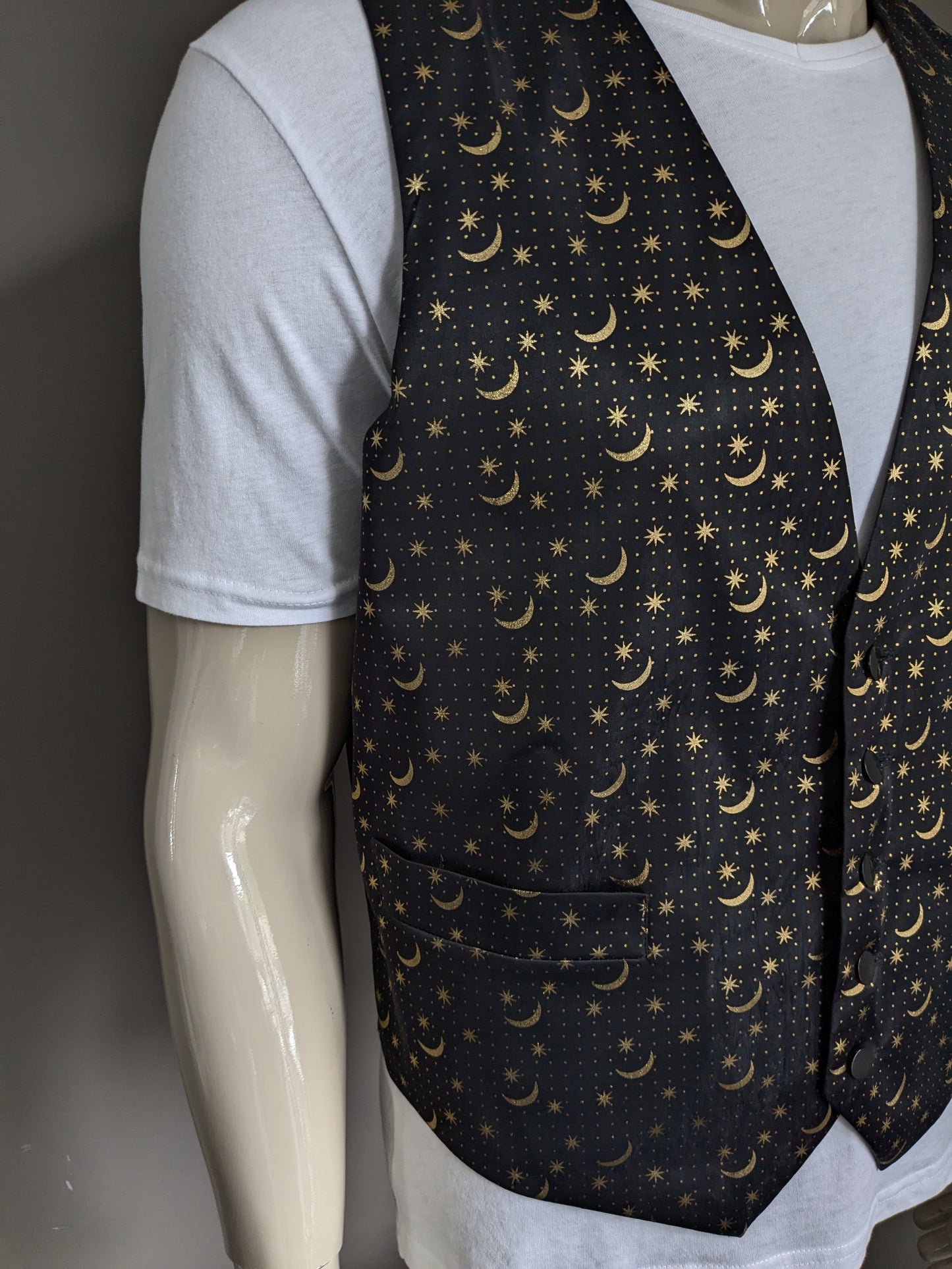 Vintage malcolm hall waistcoat. Black gold -colored moon & stars print. Size M.