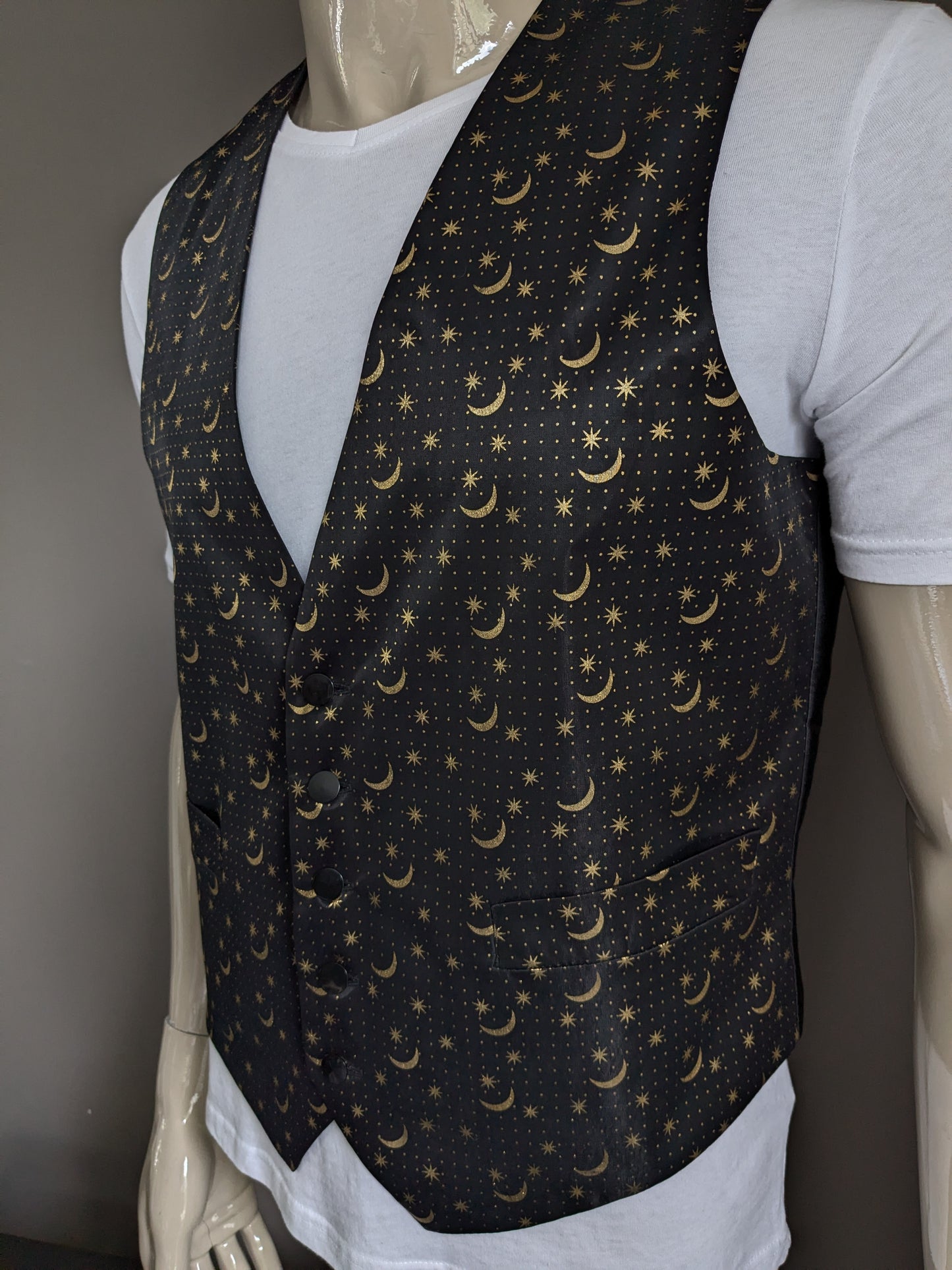 Gilet de salon Vintage Malcolm Hall. Black Gold-Colord Moon & Stars Print. Taille M.