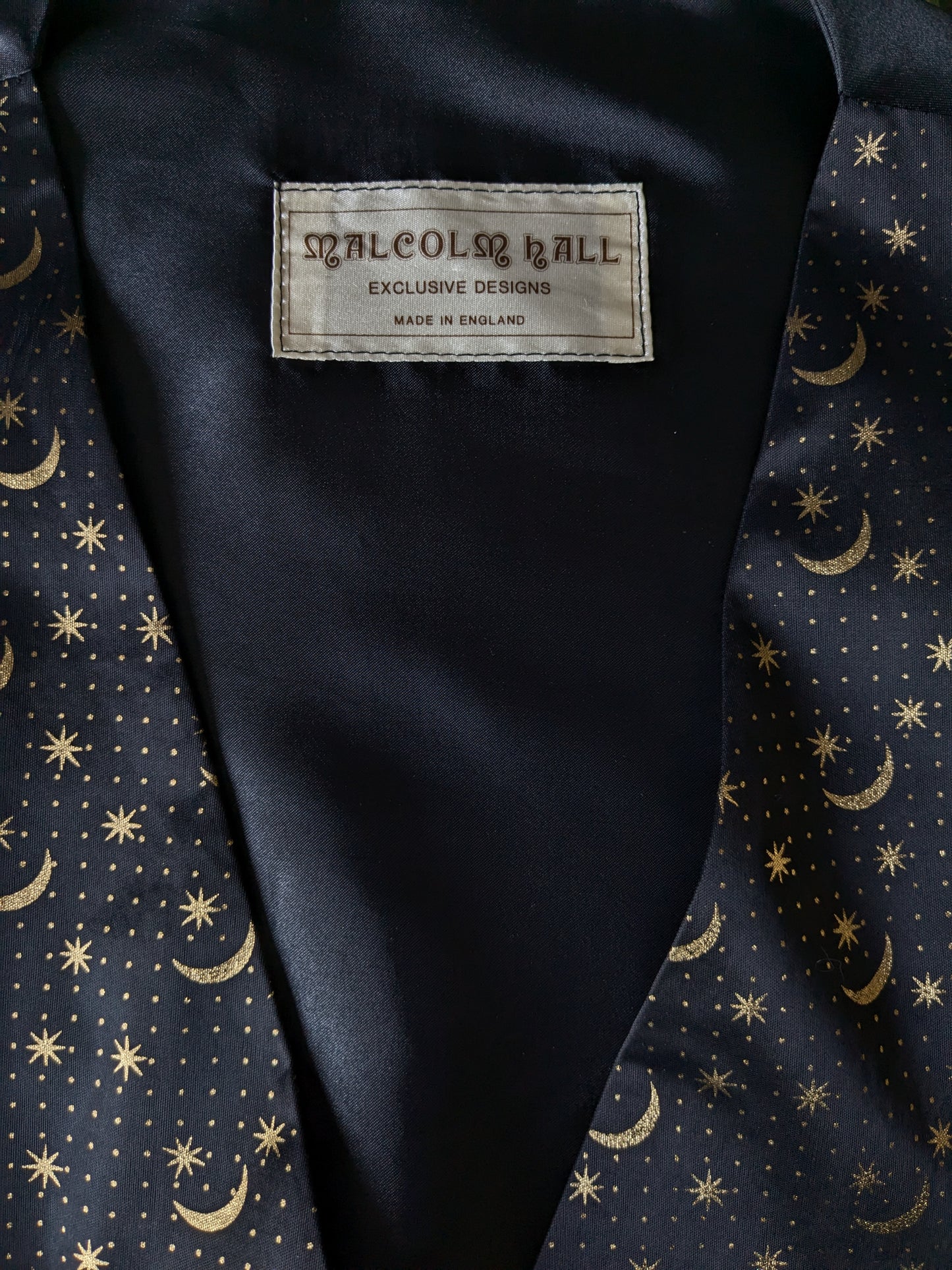 Vintage malcolm hall waistcoat. Black gold -colored moon & stars print. Size M.