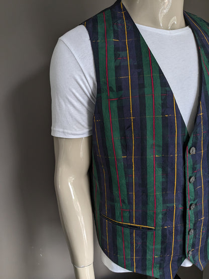 Vintage Gastromoda waistcoat with 1 inner pocket. Green blue red yellow motif. Size 52/54.