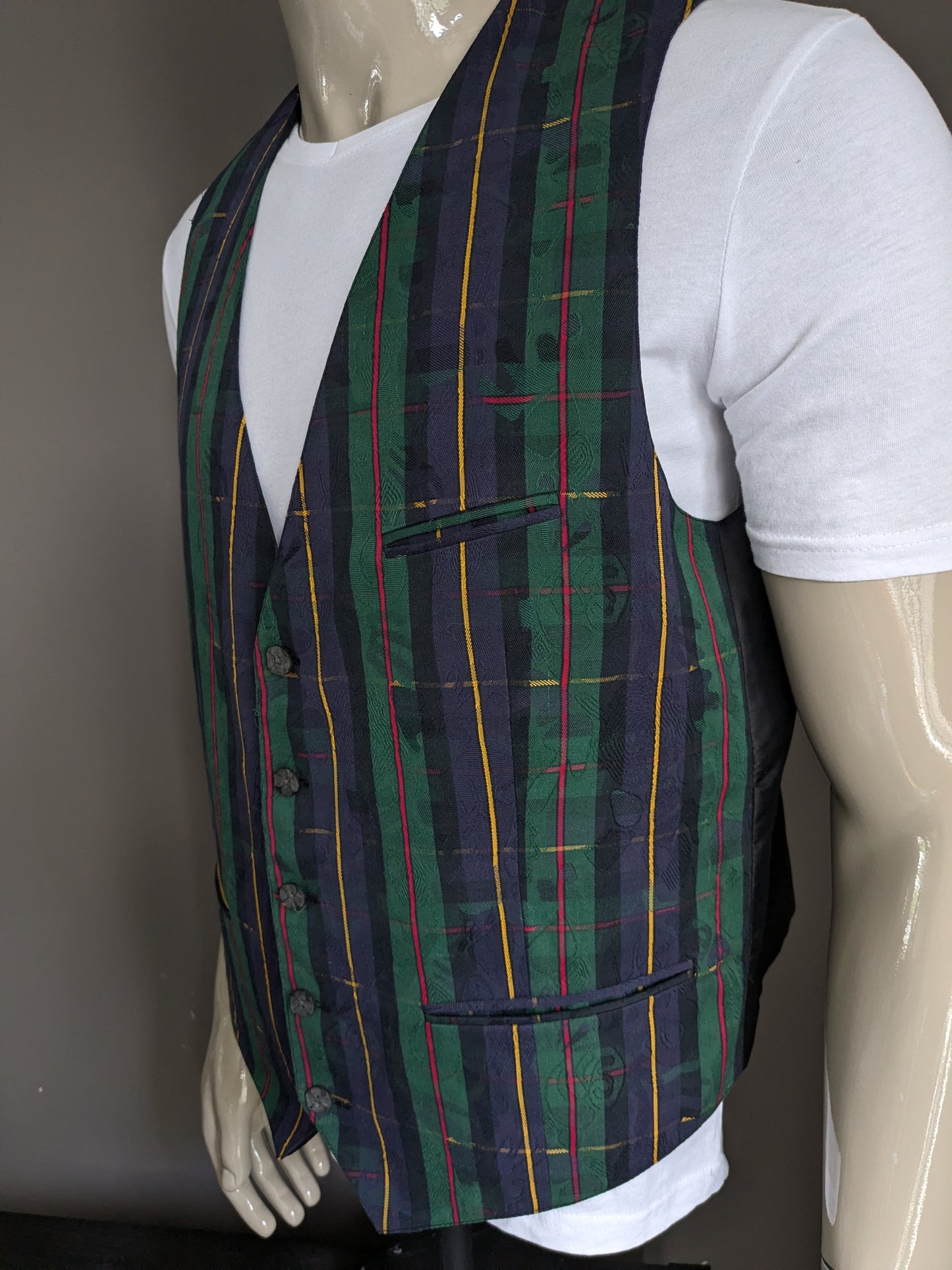 Vintage Gastromoda waistcoat with 1 inner pocket. Green blue red yellow motif. Size 52/54.