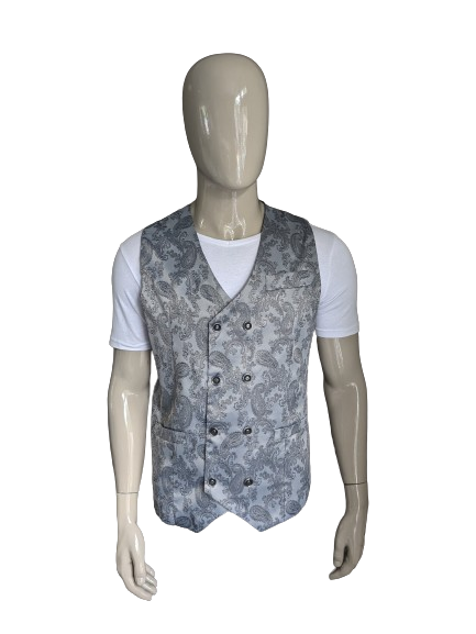 Vintage Double Breasted waistcoat. Gray silver -colored motif. Size L.