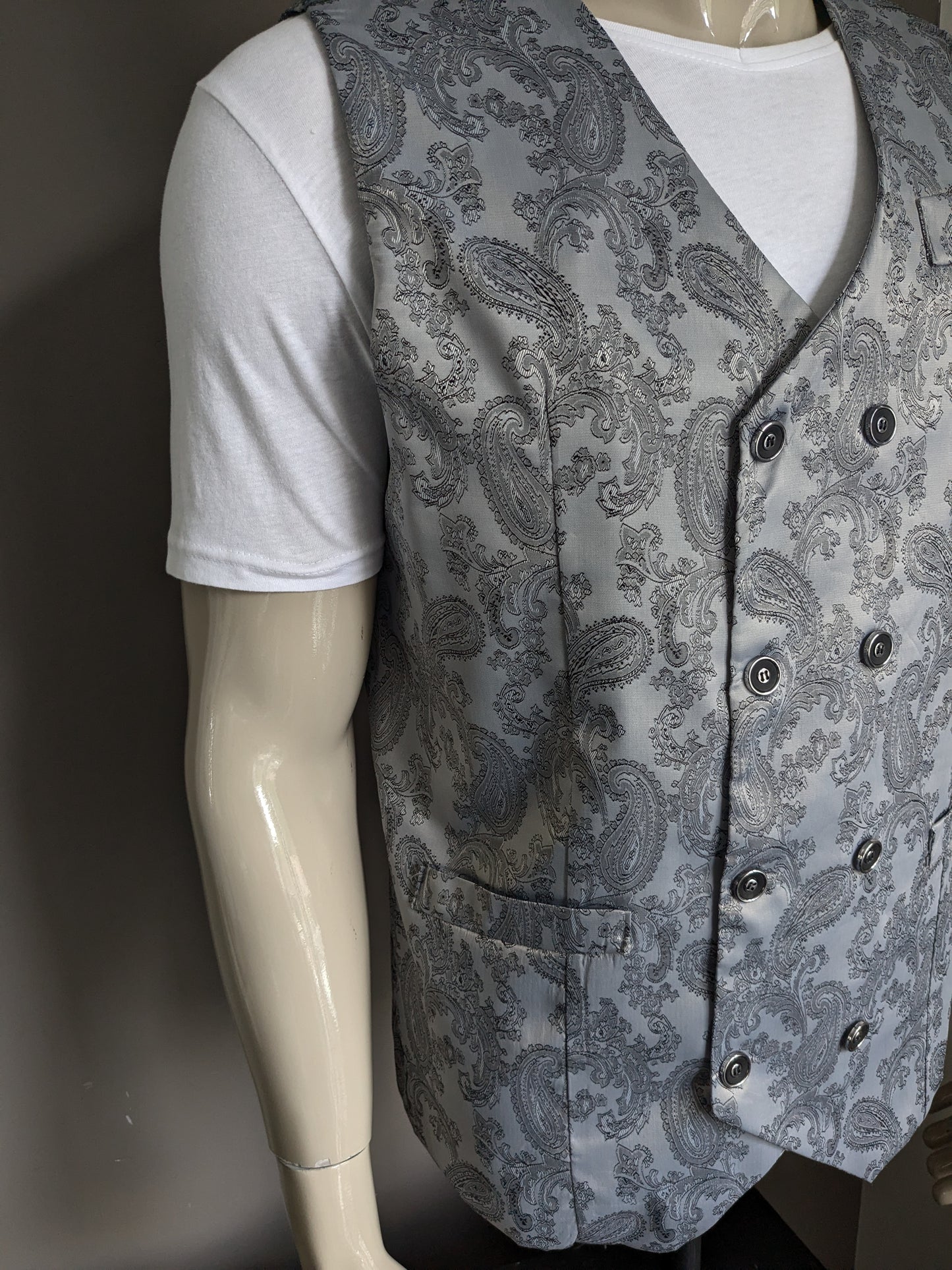 Vintage Double Breasted waistcoat. Gray silver -colored motif. Size L.