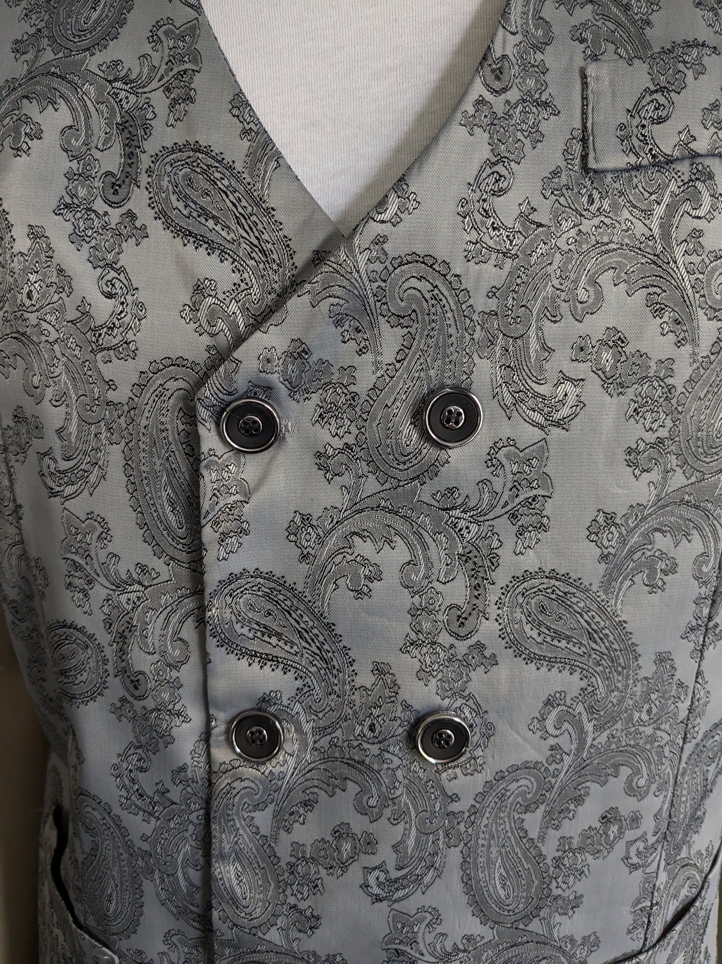 Vintage Double Breasted waistcoat. Gray silver -colored motif. Size L.