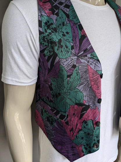 Vintage gilet. Paars Groen Roze print. Maat S.