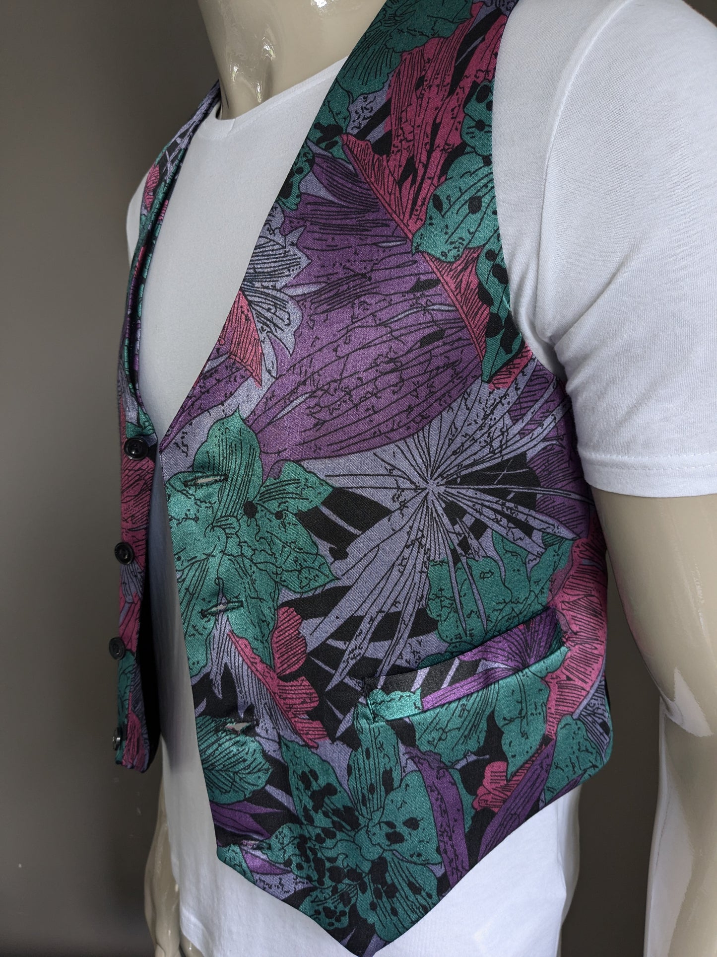 Vintage waistcoat. Purple green pink print. Size S.