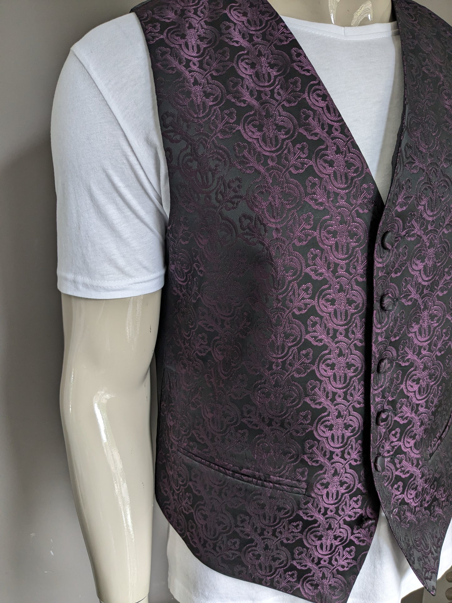 Frederick Theeak waistcoat. Black purple shiny print. Size L.