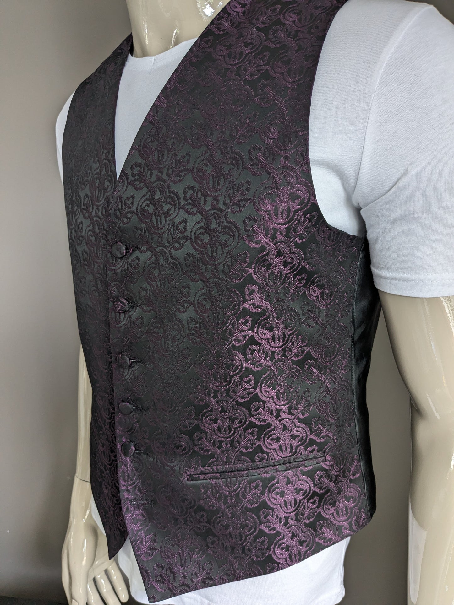 Frederick Theeak waistcoat. Black purple shiny print. Size L.