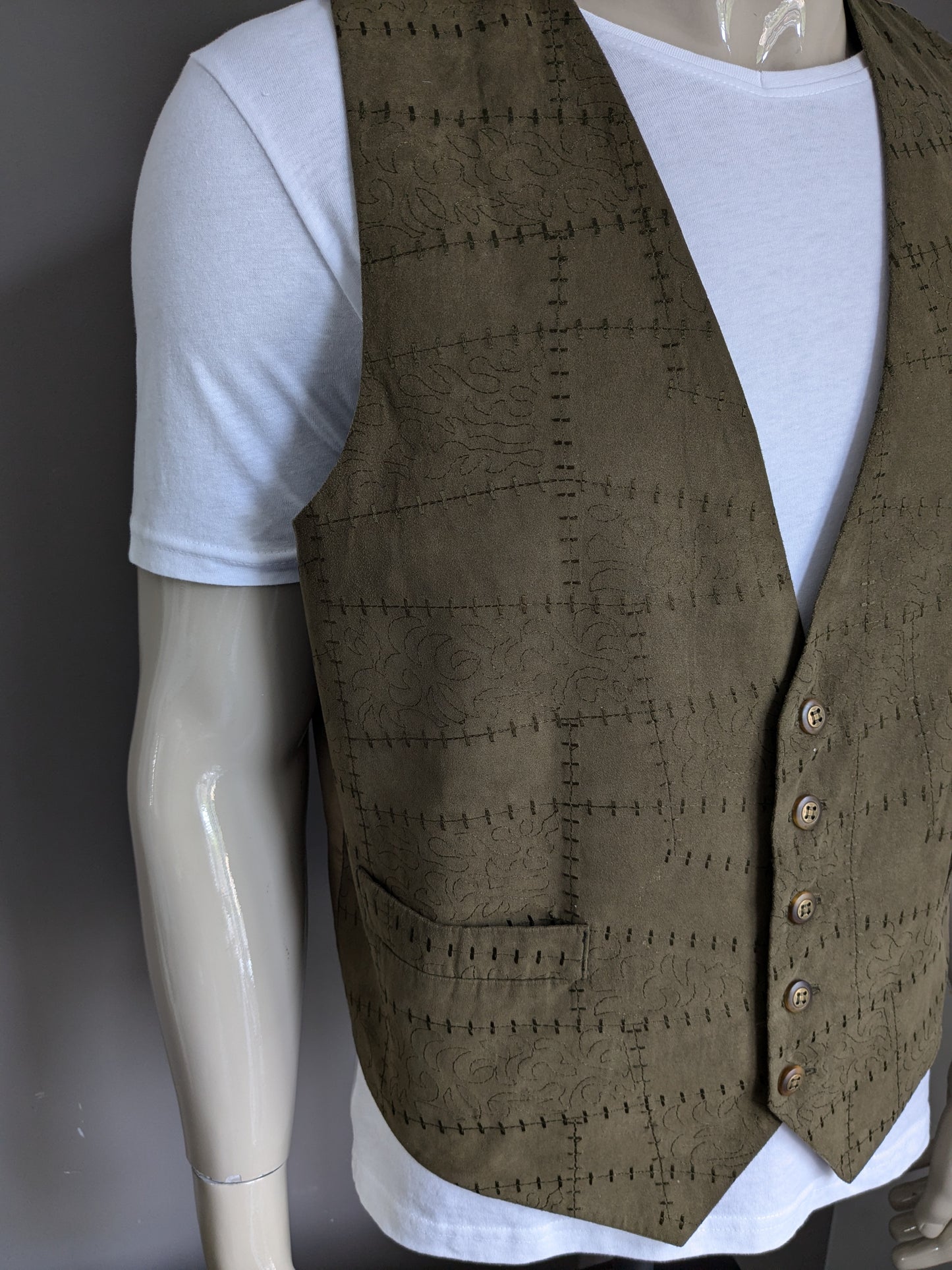 Gilet Hall Vintage Malcolm Hall avec de beaux boutons. Motif vert foncé. Taille L.