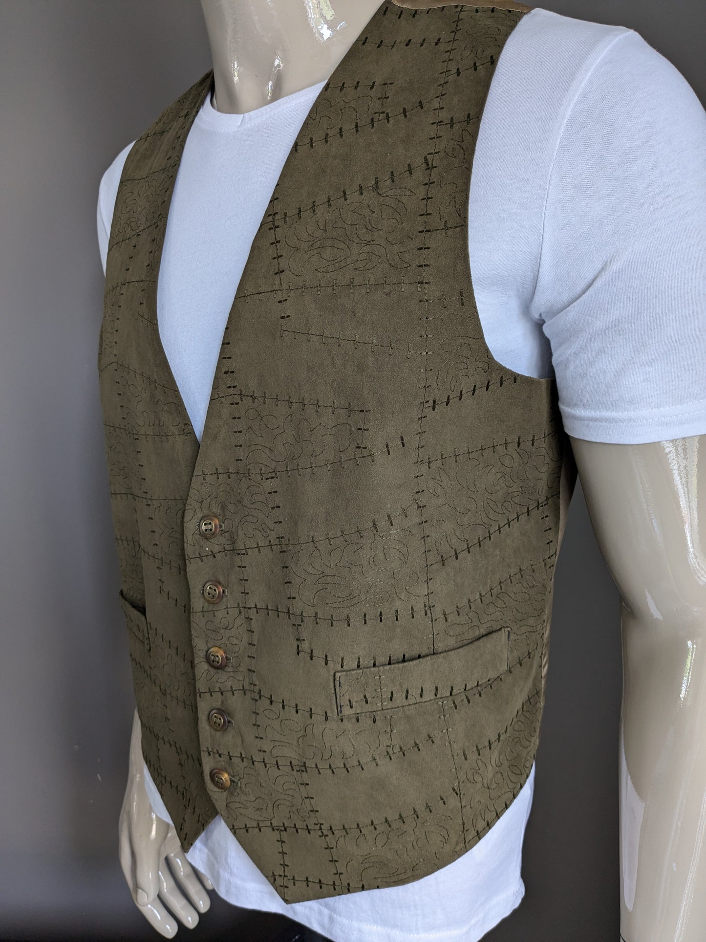 Vintage Malcolm Hall waistcoat with beautiful buttons. Dark green motif. Size L.