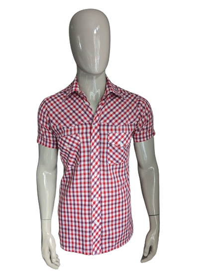 Camicia Merwall degli anni '70 vintage con colletto punto e manica corta. Blu bianco rosso controllato. Taglia M.