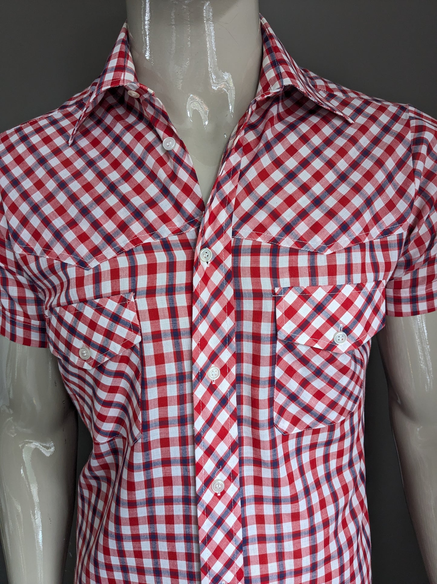 Camicia Merwall degli anni '70 vintage con colletto punto e manica corta. Blu bianco rosso controllato. Taglia M.