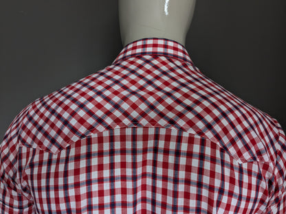 Camisa de Merwall de los 70 años con cuello puntual y manga corta. Azul blanco rojo revisado. Talla M.