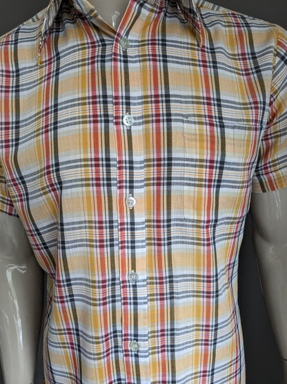 Camicia vintage degli anni '70 con colletto punto e manica corta. Black rosso giallo controllato. Taglia L.