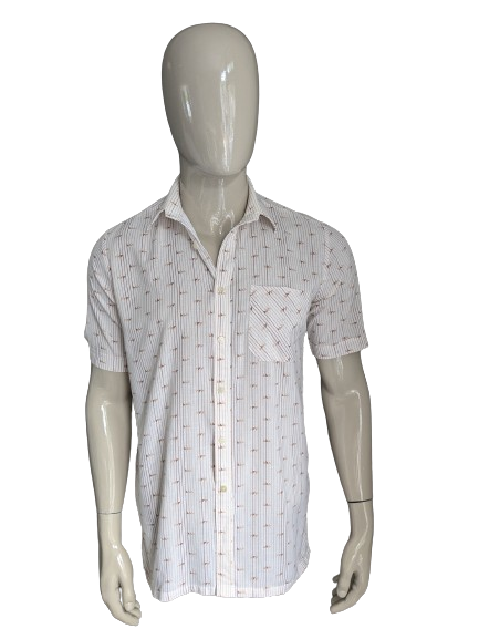 Vintage de la camisa corta de la camisa de Polane de los 70. Impresión beige marrón. Talla L.