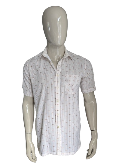 Vintage de la camisa corta de la camisa de Polane de los 70. Impresión beige marrón. Talla L.